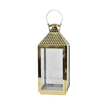 LANTERNA IN VETRO E METALLO CON MANICO COLORE ORO H. 18.5CM