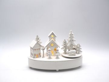 PAESAGGIO IN LEGNO BIANCO CON CANTORI CON CARILLON/LUCE H. 15X21.5X11CM