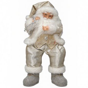 CARILLON BABBO NATALE SEDUTO H 35CM VESTE LUCIDA BIANCO/CHAMPAGNE