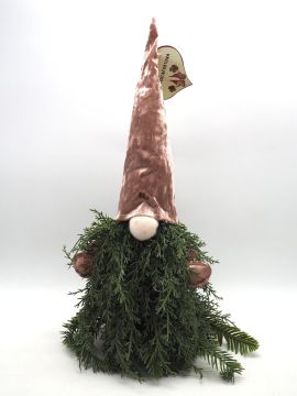 GNOMO IN PANNO CON CAPPELLO ROSA E BARBA IN AGHI DI PINO H. 45CM