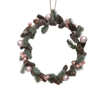 CORONA NATALIZIA CON PIGNE/BACCHE ROSA/AGHI DI PINO DIAM. 32