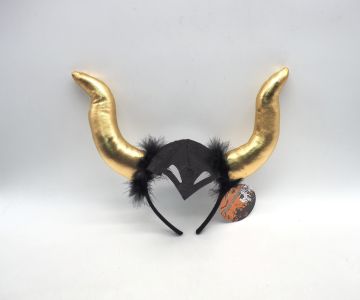 CERCHIELLO HALLOWEEN CON PIUME E CORNA ORO/NERO 28X26CM 