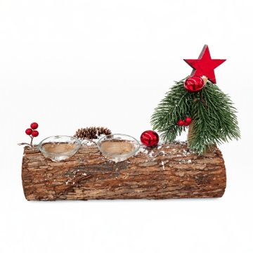 PORTA CANDELA 3 VETRI CON LEGNI NEVATI PIGNE/BACCHE/ALBERO 14X7CM H. 30CM