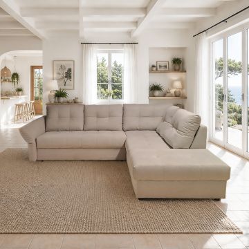 SALOTTO MOD. VELO ANGOLARE DX CON CARRELLO ESTRAIBILE IN TESSUTO BEIGE
