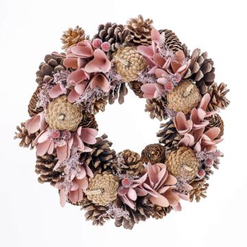 CORONA NATALIZIA DI PIGNE MARRONI CON FIORI ROSA DIAM. 34