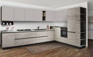 CUCINA COMPONIBILE MOD. FLY EVO NOCE GRIGIO E UTOPIA SETA 