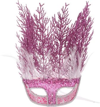 MASCHERA ROSA SCURO CON PAILLETTES E PIUME