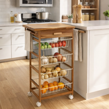CARRELLO DA CUCINA CON RUOTE IN ACACIA E METALLO CM 50X34.5 H.88.8 