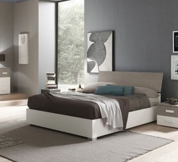 LETTO MATRIMONIALE CON CONTENITORE BIANCO FRASSINATO E CEMENTO
