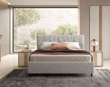 LETTO MATRIMONIALE CON CONTENITORE IN TESSUTO GRIGIO CHIARO 