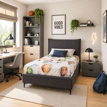 LETTO 1 PIAZZA E MEZZA CON GIROLETTO MOD. LINE IN TESSUTO GRIGIO SCURO 