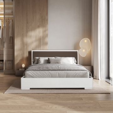 LETTO MATRIMONIALE CON CONTENITORE MOD. LEDD FRASSINO NUVOLA ED ECOPELLE