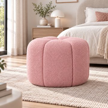 POUF ROTONDO DIAM. CM 51 H. 36 IN TESSUTO EFFETTO BOUCLE' TRAPUNTATO ROSA