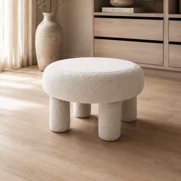 POUF/TAVOLINO DIAM. CM 60 H. 39 IN TESSUTO EFFETTO BOUCLE' BIANCO 