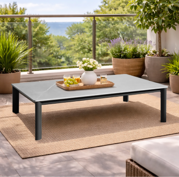 TAVOLINO DA ESTERNO MOD. REYNE 130X70 CM METALLO E PIETRA SINTERIZZATA