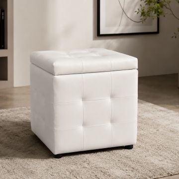 POUF CONTENITORE CM 45X45 H. 46.5 IN ECOPELLE BIANCO 