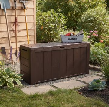 BAULE DA ESTERNO MOD. SHERWOOD CM 116X45 H. 57 IN RESINA EFFETTO LEGNO MARRONE 