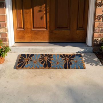 ZERBINO FIORI BLU IN PVC E FIBRA DI COCCO 25X75CM