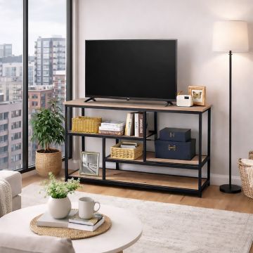 PORTA TV IN LAMINATO E METALLO CM 100X30 H. 65 ROVERE NODATO E NERO 