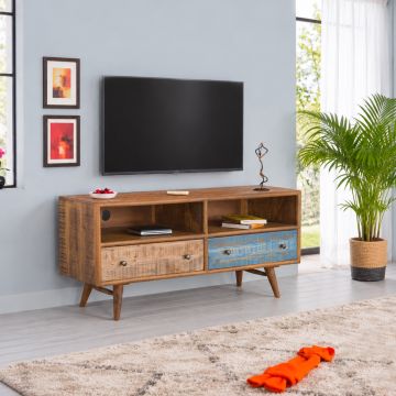 PORTA TV MOD. HEXA-07 CM 145X38 H.64 IN LEGNO DI MANGO TINTA STONE E BICOLORE