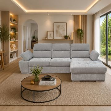 SALOTTO MOD. ARIA CHAISE LONGUE DX CON CARRELLO ESTRAIBILE IN TESSUTO GRIGIO CHIARO