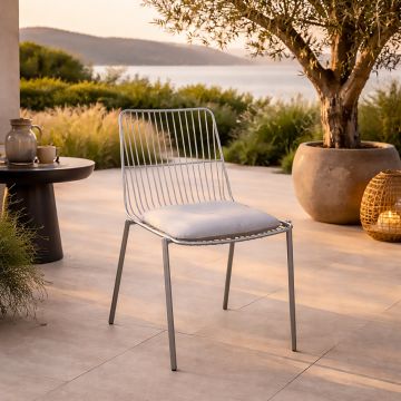 SEDIA DA ESTERNO IN METALLO VERNICIATO SILVER CON CUSCINO BIANCO 