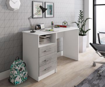 SCRIVANIA CM 120X48 H. 75 BIANCO FRASSINATO E CEMENTO 
