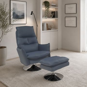 POLTRONA GIREVOLE RELAX CON POGGIAPIEDI IN ECOPELLE BLU