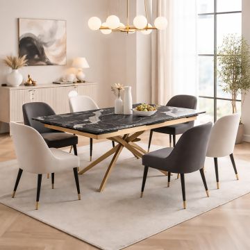 TAVOLO MOD. RF5287DT ALLUNGABILE CM 180X90 METALLO E PIANO IN VETRO EFFETTO MARMO 