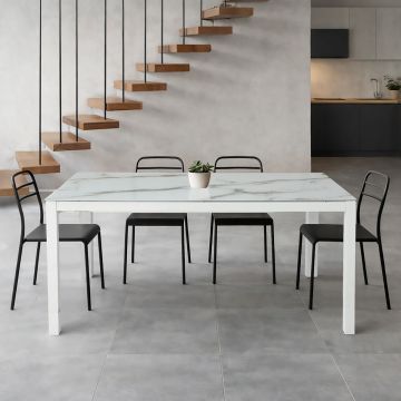 TAVOLO ALLUNGABILE CM 160X90 BIANCO E VETRO EFFETTO PIETRA