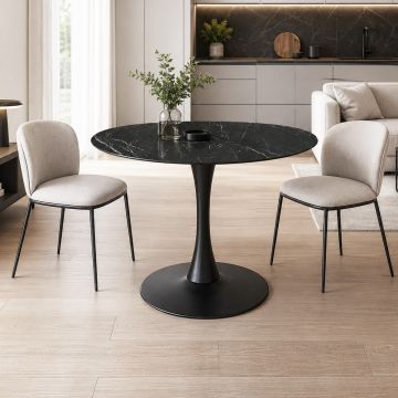 TAVOLO TONDO MOD.PAUL DIAM. 80 METALLO NERO OPACO E PIANO VETRO CERAMICA EFFETTO MARMO