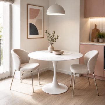 TAVOLO TONDO MOD.PAUL DIAM. 80 METALLO BIANCO E PIANO VETRO CERAMICA EFFETTO MARMO CARRARA