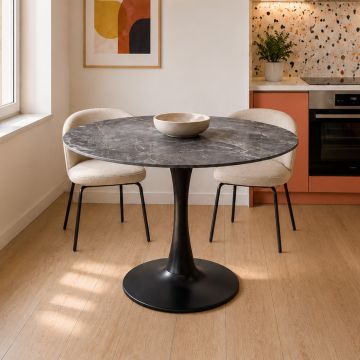 TAVOLO TONDO MOD. PAUL DIAM.100 IN METALLO NERO E PIANO IN VETRO CERAMICA EFFETTO MARMO GARDENIA