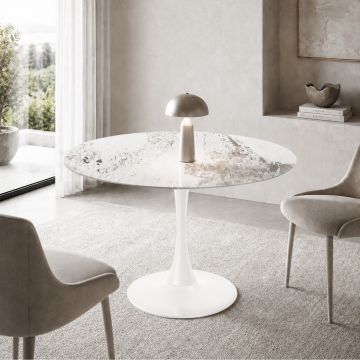 TAVOLO TONDO MOD. PAUL DIAM.100 IN METALLO BIANCO E PIANO VETRO CERAMICA EFFETTO MARMO CALACATTA