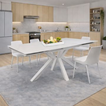 TAVOLO ALLUNGABILE CM 160X90 METALLO BIANCO E VETRO EFFETTO MARMO