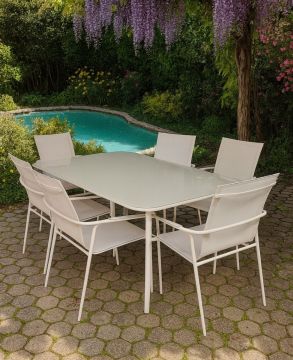 SET TAVOLO + 6 SEDIE DA ESTERNO IN METALLO E TEXTILENE ARGILLA