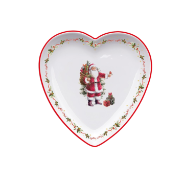 PIATTO PIANO CUORE SANTA CLAUS IN PORCELLANA 25X25 H. 3CM