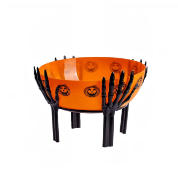 CESTINO ARANCIONE IN PLASTICA CON MANI SCHELETRO DIAM 26CM