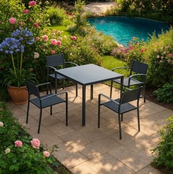 SET TAVOLO + 4 SEDIE DA ESTERNO IN METALLO E TEXTILENE NERO