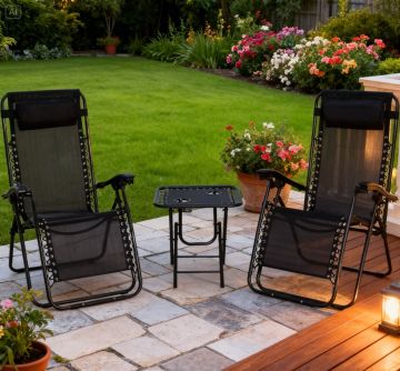SET 2 POLTRONE RELAX DA ESTERNO PIEGHEVOLI CON TAVOLINO IN ACCIAIO NERO E TEXTILENE NERO