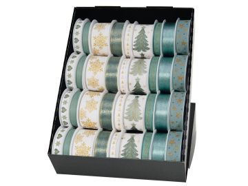 NASTRO XMAS 2/3/3.50MT VERDE/ORO/BIANCO CON GLITTER ASSORTITO