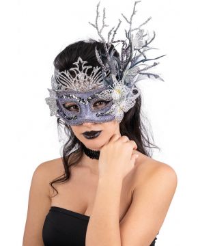MASCHERA IN TESSUTO DAMASCATO LILLA CON DECORI FARFALLE GLITTER, PIUME