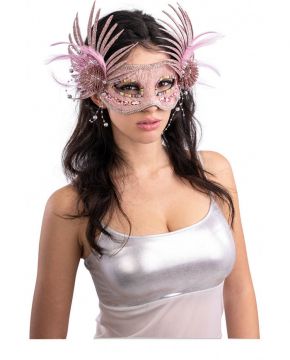 MASCHERA IN VELLUTINO ROSA CON DECORI LATERALI GLITTER E PIUME