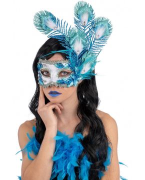 MASCHERA IN TESSUTO DAMASCATO TURCHESE CON DECORI