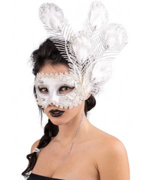 MASCHERA IN TESSUTO DAMASCATO BIANCO CON DECORI