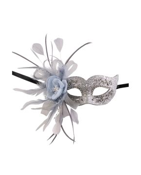 MASCHERA PREZIOSA INTAGLIATA ARGENTO CON STRASS,FIORE,TULLE E PIUME