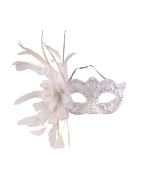 MASCHERA BIANCA IN PIZZO CON PERLE,FIORE,TULLE E PIUME