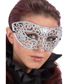 MASCHERA IN PLASTICA INTAGLIATA CON GLITTER ARGENTATI