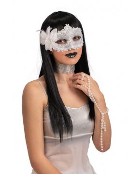 MASCHERA IN PLASTICA DAMASCATA ARGENTO CON FIORE