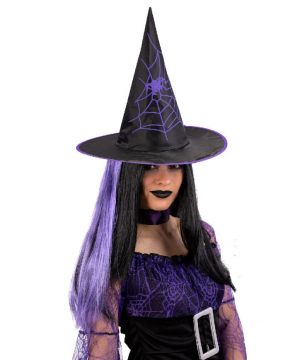 CAPPELLO STREGA NERO CON DECORI VIOLA+PARRUCCA H.35CM